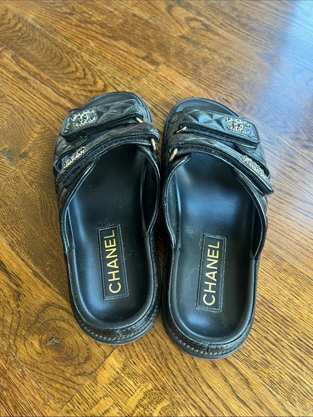 CHANEL Black Quilted Double-Strap Slide Sandals with CC Hardware Dad Sandals